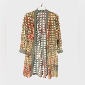 Burnt orange, olive green and cream sheer 3/4 sleeve button Kimono / Cardigan